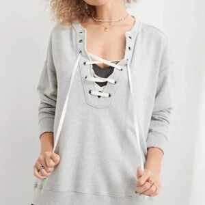 Aerie Lace Up Oversized Crew Sweatshirt Heather Gray Size Small